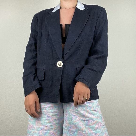 Vintage Women’s Louis Feraud Navy Blue Linen Blazer Sz L - Picture 5 of 11